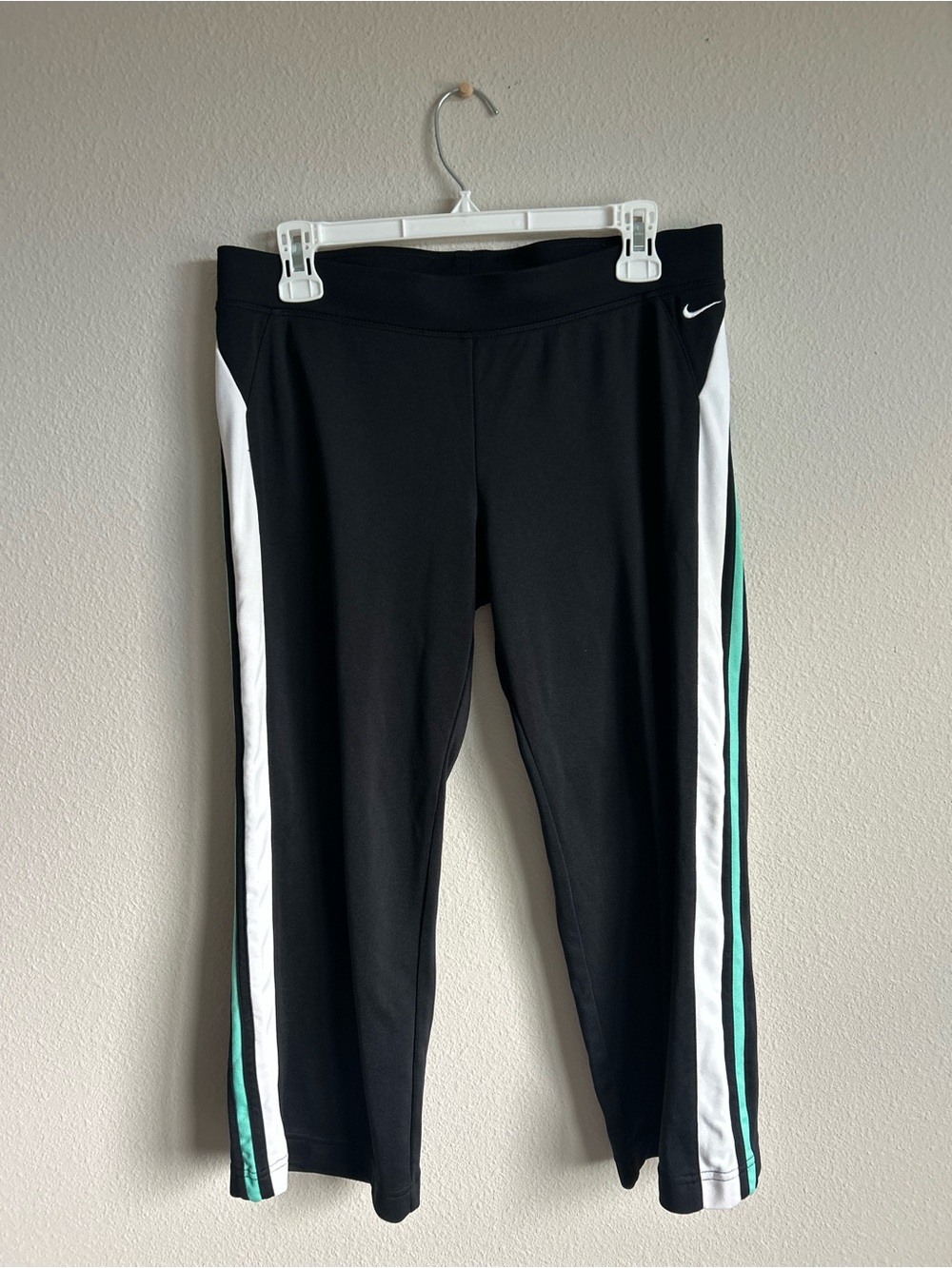 Vintage Nike Silver Tag Black Athletic Leggings with White & Teal Side Stripes